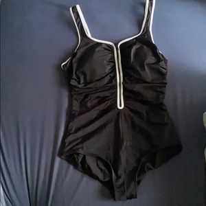 REEBOK one piece black w/ white pin stripping